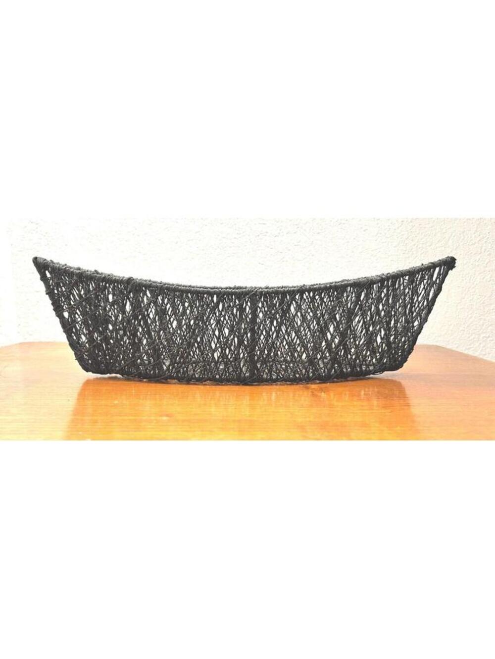 Vintage Black Woven Rattan Boat Shaped Basket